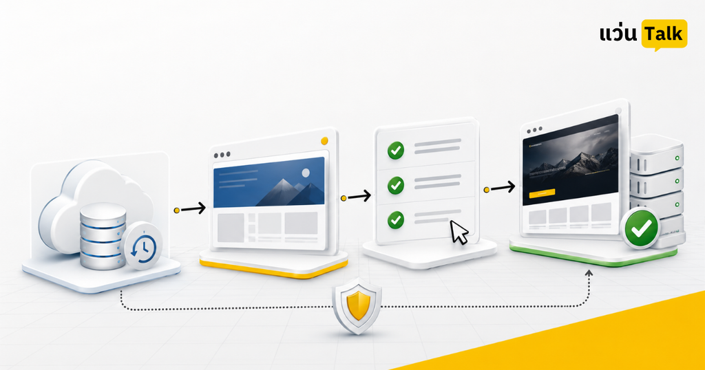 ภาพลำดับ Backup ไปยัง Staging Test และ Production Update สำหรับ WordPress 7.1
