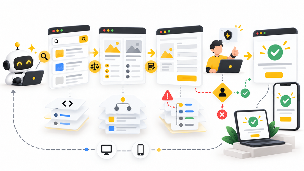 task flow ของเว็บไซต์ที่มีลำดับงาน สถานะสำเร็จ และการยืนยันชัดเจนสำหรับ AI Agent