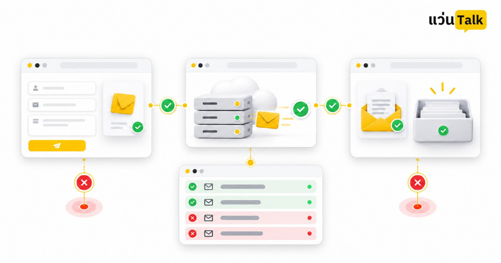 แผนภาพตรวจเส้นทางอีเมลจากฟอร์ม WordPress ผ่าน SMTP Relay ไปยัง Inbox พร้อม Email Log และสถานะส่งสำเร็จหรือถูกปฏิเสธ